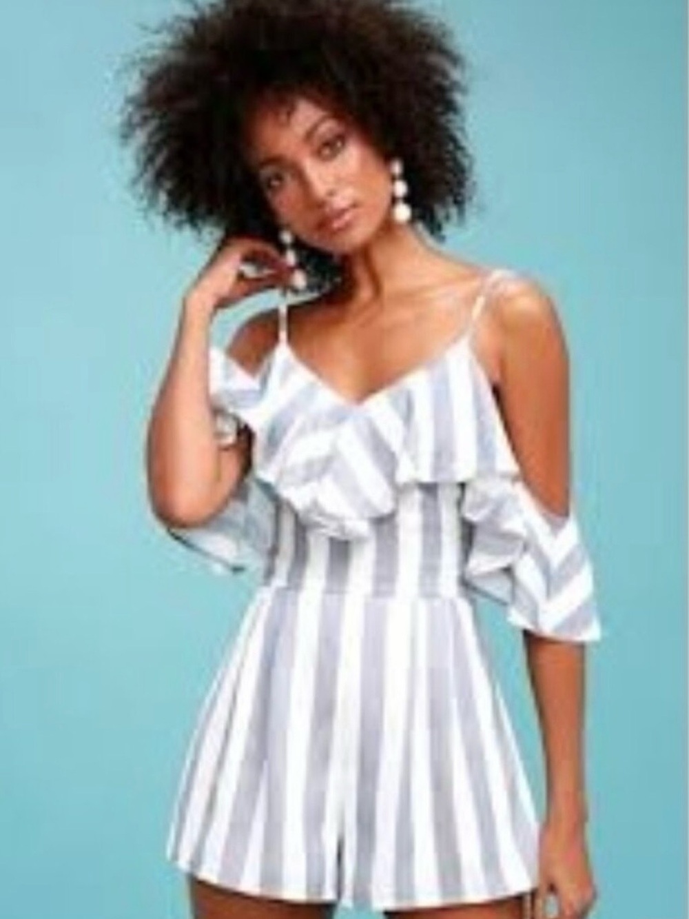 Lulu's Blue & White Striped Cold-Shoulder romper